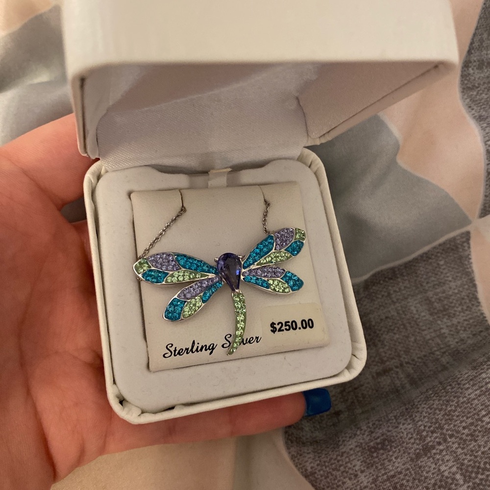 Sterling Silver Dragonfly Necklace with Purple and Green Accents